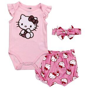 3 Pc Hello Kitty Gift Set Bodysuit Headband Shorts Pink Red White Glitter 9M
